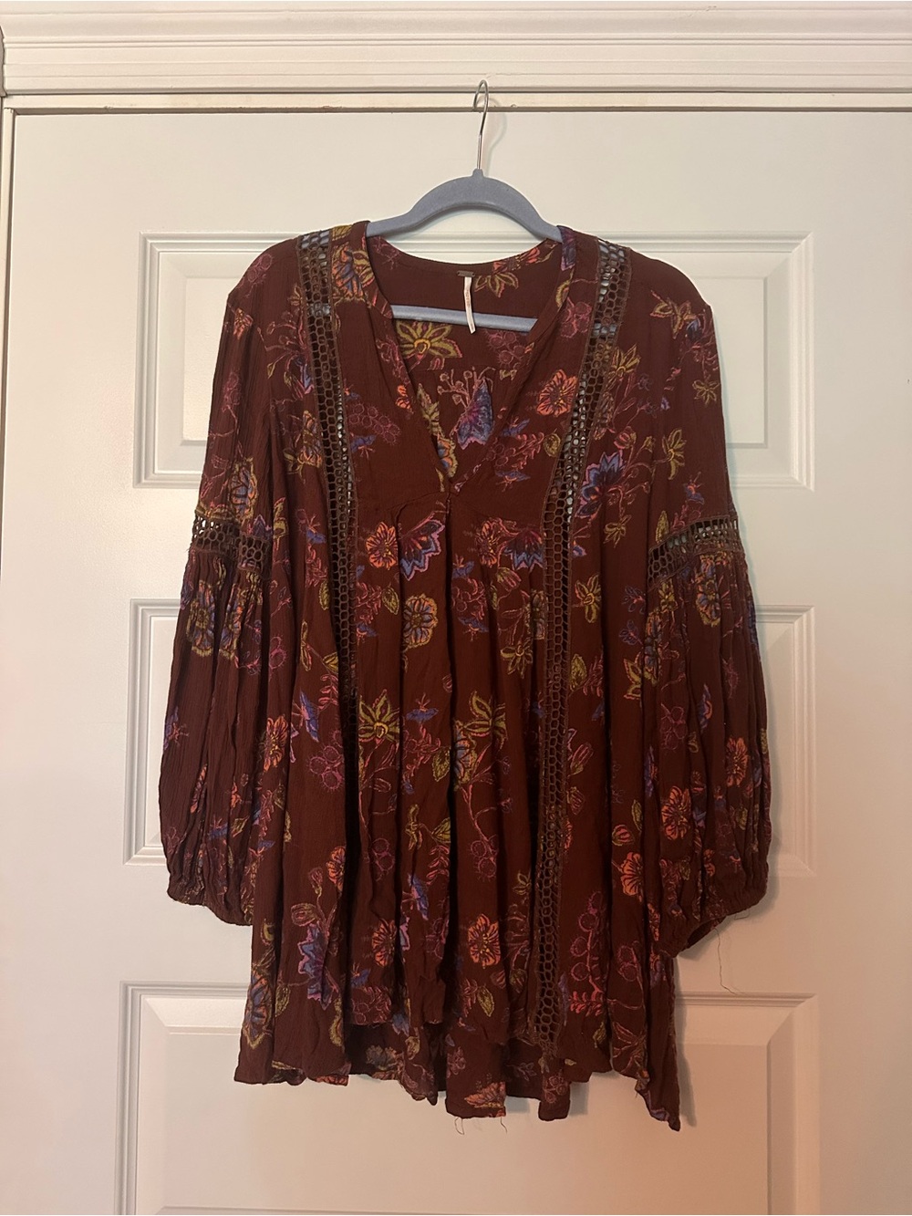 Free People Burgundy Floral Crochet-Trim Tunic